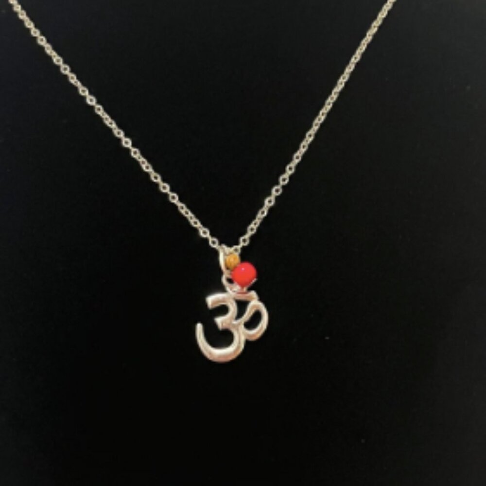 Om Silver Necklace With Wooden Beads